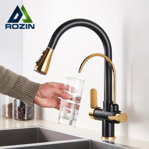 Black and Golden Filtered Crane For Kitchen Pull Out Sprayer drinking water Three Ways Water Filter Tap Kitchen Faucet hot cold
