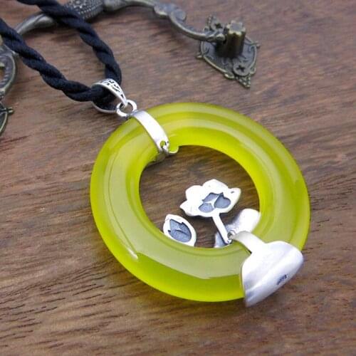 FNJ 925 Silver Lotus Pendant for Jewelry Making Original Pure S925 Sterling Silver Pendants Women Round Yellow Green Red Stone