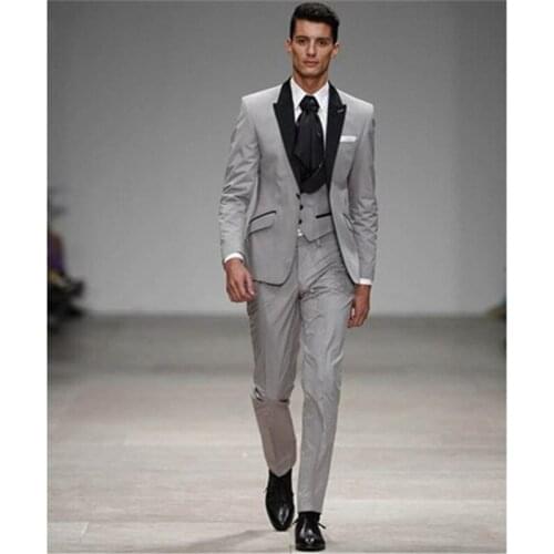 Custom Made Mens Suits Light Grey with Black Lapel Groom Tuxedos Groomsman Wedding Blazer Man Prom Suits (Jacket+Pants+Vest)