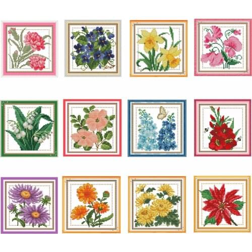 Twelve months flower cross stitch kit 14ct 11ct count print canvas mini picture stitches embroidery DIY handmade needlework plus