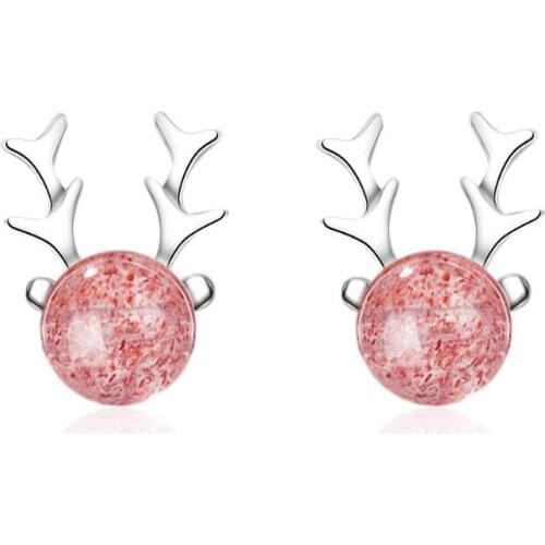 New Hot Strawberry Quartz Deer Elk Stud Earrings For Women 925 Sterling Silver Christmas Jewelry Statement Earrings SAE12