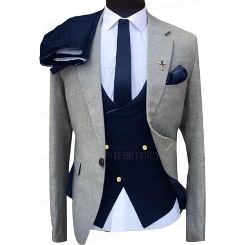 New Designs Grey Men Business Suit Slim Fit Blazer Tailored Best Man Groom Wedding Suit Dress Tuxedo Jacket Vest Pants 3 Pieces