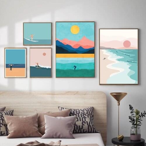 Beach Sports Canvas Painting Surfing Girl Sunset Wall Pictures Modern Minimal Art Posters and Prints for Living Room Decor