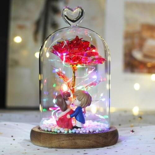 Valentines Day Gift Artificial Flower 24K Gold Foil Flower Galaxy Rose With Fairy String Lights In Dome For Wedding Decorate