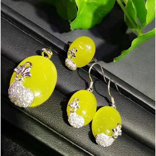 Authentic chalcedony pouch inlaid yellow-green chalcedony necklace ring earrings pendant three-piece set S925 silver fashionable