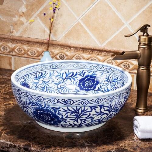 Counter Top porcelain wash basin bathroom sinks ceramic bowl wash basin blue and white
