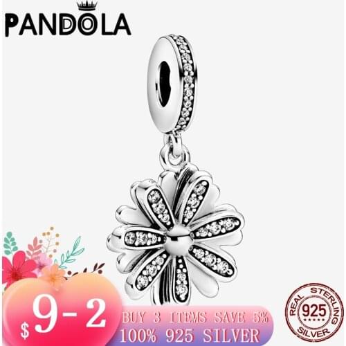 Real 925 Sterling Silver Sparkling Daisy Flower Dangle Charms Bead fit Original Pandora Charms Bracelet Pendant Necklace Jewelry