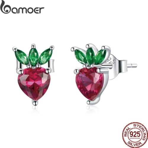 Bamoer Silver Strawberry Stud Earrings 100% 925 Sterling Silver Lovely Colored CZ Earring for Women Fashion Jewelry SCE1034