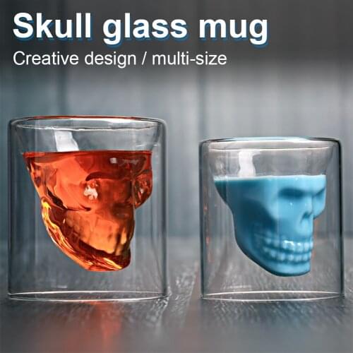 Double Wall Glass Coffee Beer Mug Transparent Skull Head Shot Cup Creative Designer Skeleton Gift Halloween Party Drinks Latte