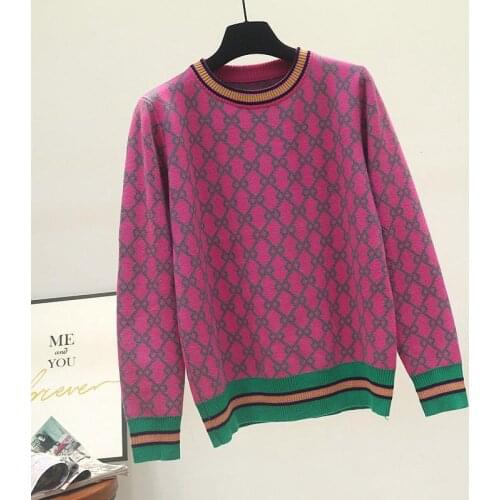 Autumn and winter new Korean style loose knit sweater round neck geometric clash jacquard casual jumper sweater
