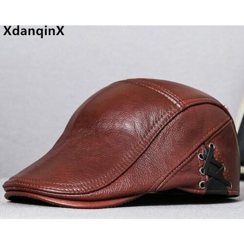 XdanqinX Novelty Natural Genuine Leather Cap Winter Warm Mens Cowhide Leather Berets Simple Men Brands Hats Dads Snapback Caps