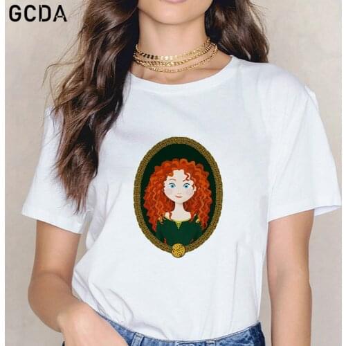 Merida Brave In the Mirror Print T-shirt Women White Girls Top&Tees Summer Femme Harajuku Tee Shirts Dropship