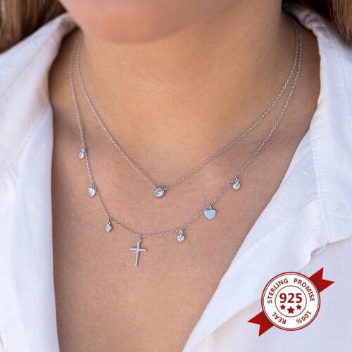 925 Silver Chain Cross Heart Pendant Chain Necklace for Women Powder crystal Water Droplets Necklace Fashion Jewelry Gift