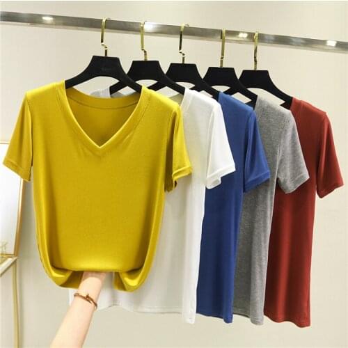 Modal Women T-shirt V-neck Short Sleeve women shirt All match Lady Top Black White Gray Yellow Shirt Summer Thin Tops 10 Colors