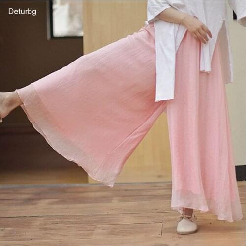 Womens Elegant Chinese Style Wide Leg Pants Female Casual Cotton Linen Loose High Waisted Flowy Dance Pants 2021 Autumn PA149