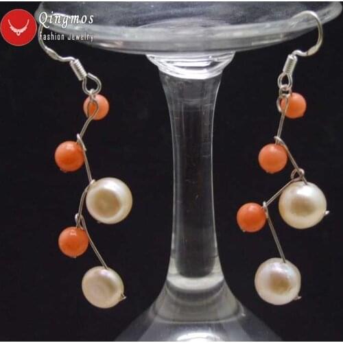 Qingmos 7-8mm Flat Round Side Drilled Natural FW Pink Pearl Earring for Women with 3-6mm Pink Coral Dangle Earring 2'' Ear623