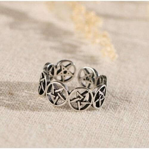 New Vintage Personality Hollow Round Star Adjustable Thai Silver Rings For Women Jewelry Accessories SAR163