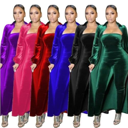 2021 Latest Velvet Lady Two Pieces Sets with Long Sleeves Cardigan Strapless Skinny Jumpsuits Fashion Women Rompers Actual