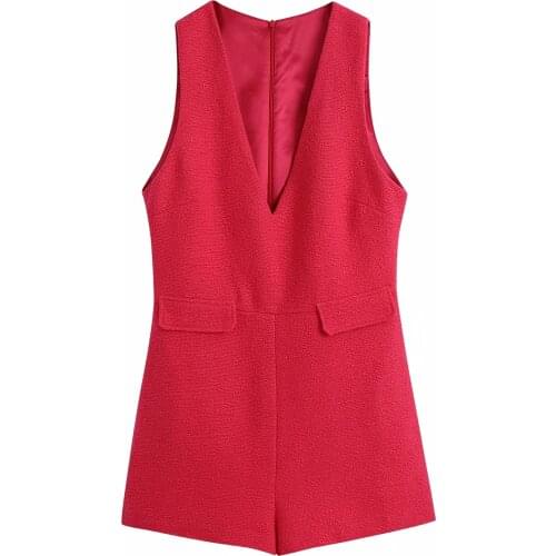 Women Summer Solid V-Neck Playsuit Rompers 2021 ZA Sleeveless Tank Veins Sweet Casual Female Elegant Street Playsuits Overalls