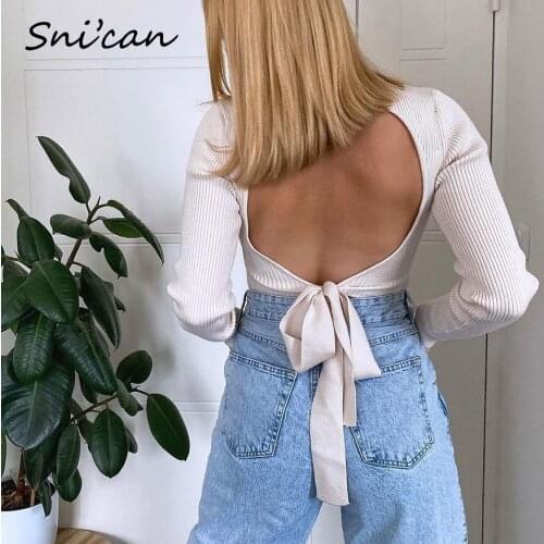 Snican Turtleneck Backless Sexy Sweater Spring White Bandage Bow Knitted Pullover Women Blanc Pull Za 2021 Fashion Spring Jumper