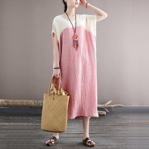 Johnature Women Vintage Embroidery Floral Dresses Double Cotton Patchwork Color Robes O-Neck Short Sleeve Summer 2021 New Dress