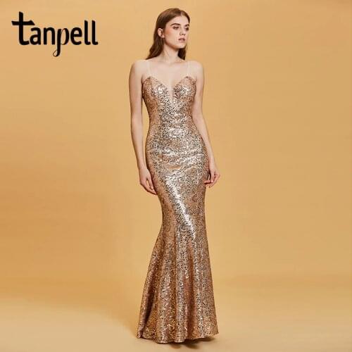 Tanpell backless evening dress golden spaghetti straps sleeveless floor length dresses women party mermaid formal evening gown