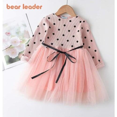 Bear Leader Girls Dress 2021 New Spring Casual Style Cartoon Pink Long Sleeve Wool Bow Design for Princess Dress Girls Clothes