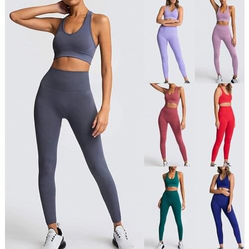 Seamless Women Yoga Vest Set Workout Sportswear Gym Fitness Clothing Suit High Waist Leggings Top Sport Clothes Training Tights