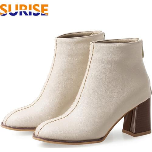 Big Size 46 Winter Women Ankle Boots 7cm High Block Chunky Heel White Black PU Casual Office Party Lady Plush Zipper Short Boots