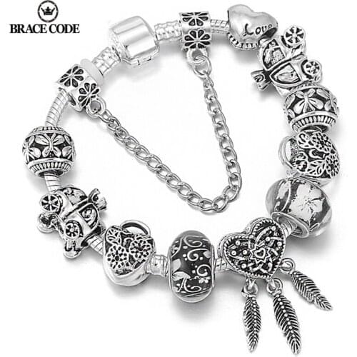BRACE CODE Cross-border Hot Sale DIY Hollow Butterfly And Flower Alloy Beaded Silver Plated Bracelet Women Fine Dreamcatcher