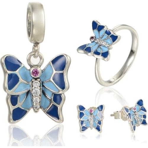 Enamel&Crystal Butterfly Jewelry Sets Sterling Silver GW Brand Jewelry for Women Earrings Pendant and Ring boncuk SET-011H15