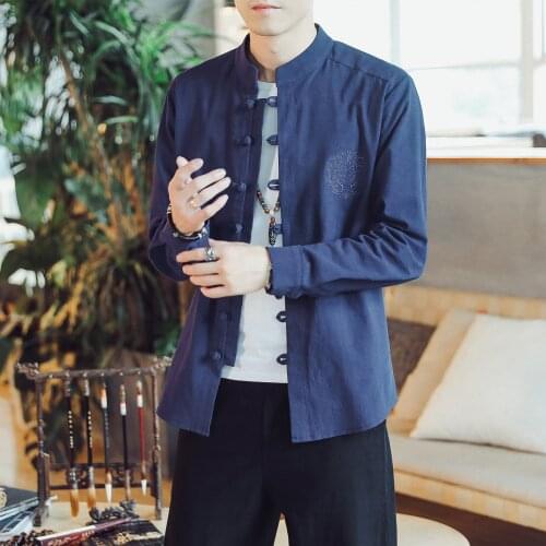 Cardigan Men Japanese Kimono Long-sleeved Shirt Mens Yukata Mens Haori Japanese Embroidered Stand Collar Cotton Linen Male