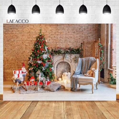 Laeacco Indoor Brick Wall Christmas Tree Plush Teddy Bear Fireplace Background Baby Customized Portrait Photography Backdrops