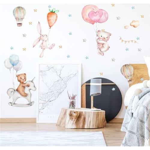 Cartoon Balloon Bunny Bear Wall Stickers Kids Room Wallpaper Baby Girl Bedroom Living Room Home Decor vinilo decorativo pared