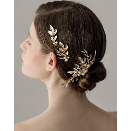 Aristocratic Gold Leaves Rhinestones Pearl Handmade Hair pin and Hair comb Set Wedding Hair Accessories marriage for women