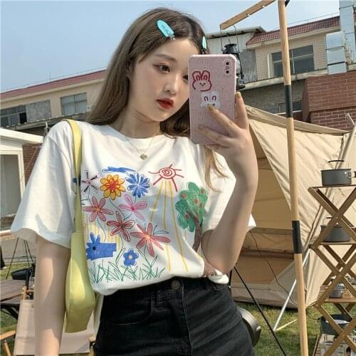 New graffiti print pattern short-sleeved T-shirt women loose youth casual round neck top cotton t-shirt