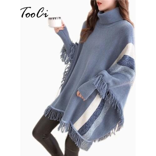 New Fashion Womens Spring Capes And Ponchoes Women Fashion Blue Tassel Pullovers Plus Size Women Knitted Sweater Coat