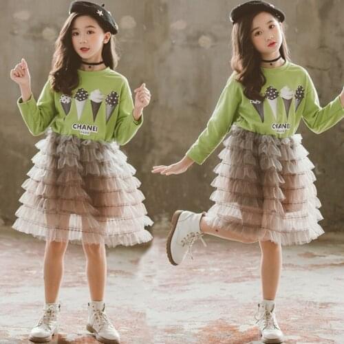 Girls Autumn Dress Ice Cream Printed Long Sleeve Kids Girls Party Dress Cotton Mesh Patchwork Children Kids Dresses 4-13T