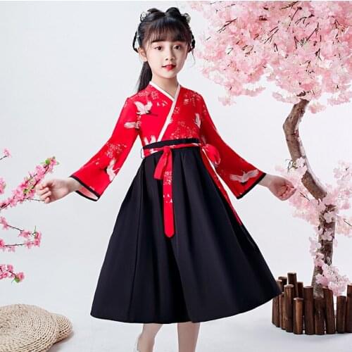 Girls' Dresses Autumn New Girl Long Sleeve Dress Childrens Wear Retro Chiffon Chinese Style Girl Hanfu Cosplay Dress