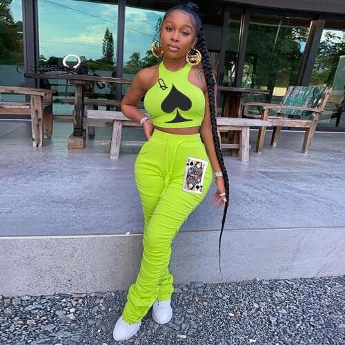 S-4XL Plus Size Poker Card Print Off Shoulder Tank Top + Stacked Sweatpant Jogging Suit for Women Trendy 2 Piece Matching Set