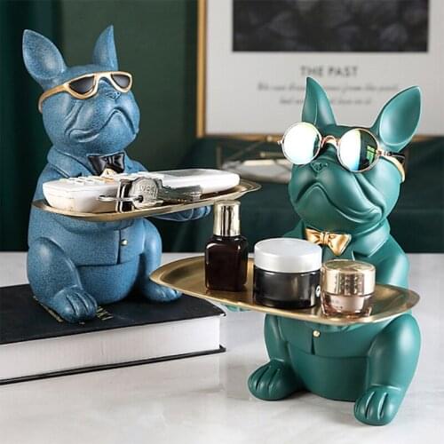 Bulldog Statue Holding Storage Tray Cute Animal Sculptures Resin Keys Candy Dish Jewelry Earrings Holder Home Decor