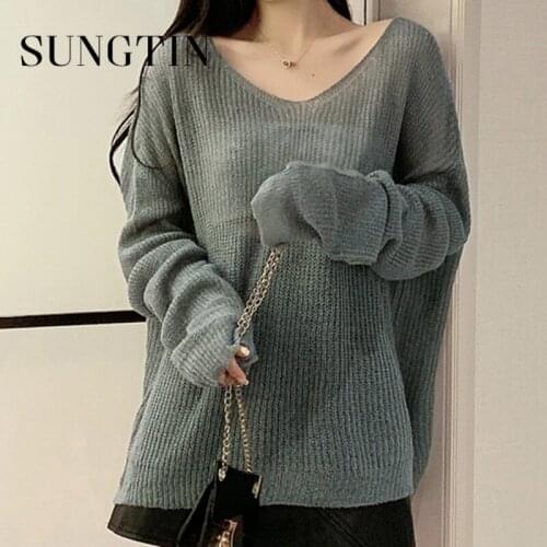 Sungtin Summer Solid Knitted Shirt for Women Casual Cozy Simple O Neck Long Sleeve Tee Tops Korean Fashion Thin T Shirts Female