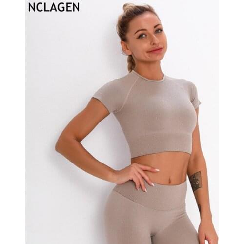 NCLAGEN Seamless Top Sport Women Exercise Yoga Shirt Short Sleeve Quick Dry 4-Way Stretch Training Running Gym Workout Pullover