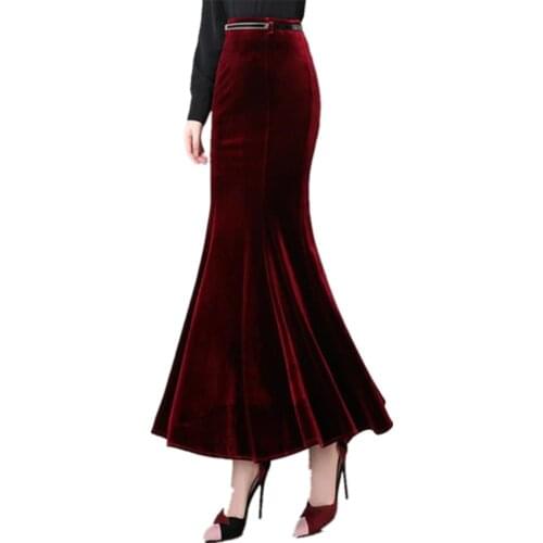 Velvet Women Skirts Plus Size High Waist Skirts Womens Elegant Ruffles Long Skirt For Women Stretch Fishtail Office Skirts