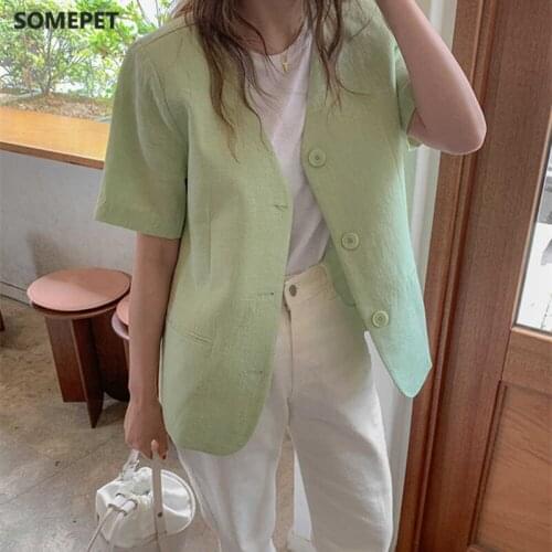 Office Lady V-neck Basic Women Blazer Solid Double Breasted Jacket 2021 New Summer Minimalist Cotton Linen Suit Coat