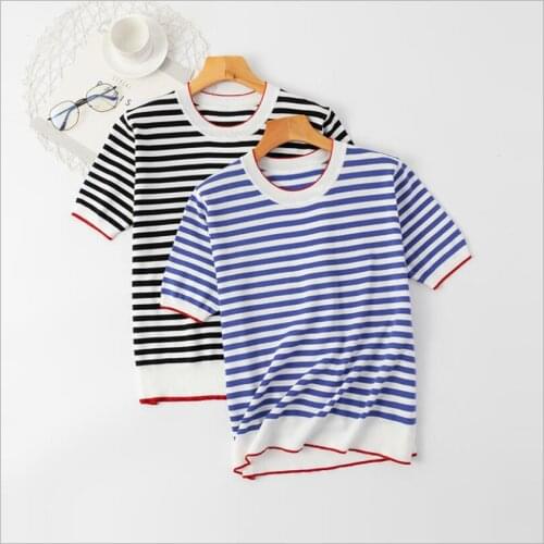 Summer Striped Pullover Knitted Short Sleeve knitted Sweater Women Slim Basic Casual Base Female knitting shirts Tops 2021