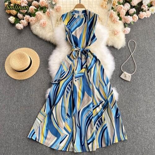 Smlinan Summer Elegant Office Long Dresses Women Sleeveless Print Robe Longue Dress Fashion Bohemian Boho Beach Bandage Dress