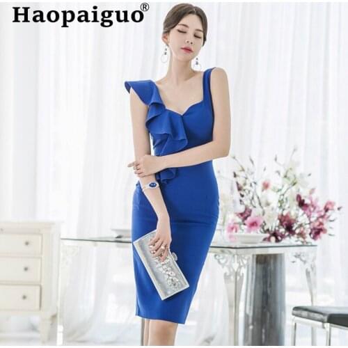 Plus Size Casual Blue Dress Women Sleeveless Ruffles Bodycon Wrap Dress Women Solid Sheath Midi Dress Women Vestidos Mujer Robe