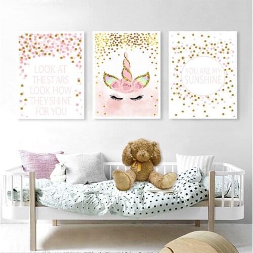 1Pink Unicorn Nursery Quotes Art Wall Canvas Print Painting Nordic Style Decorative Picture Baby Girl Bedroom Decoration