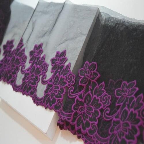 10Meters Black Tulle Mesh Fabric Purple Flowers Trims Embroidery Lace Ribbon Dress Collar Sewing 19cm Wide Trimmings Decor